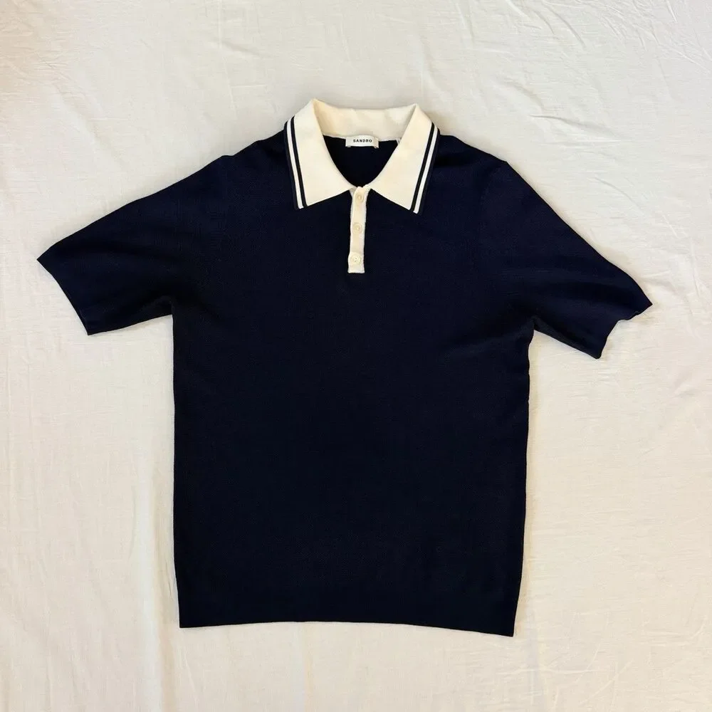 Sandro Paris Men’s Two-Tone Knit Polo Shirt M Navy Cream Preppy Minimalist Luxe